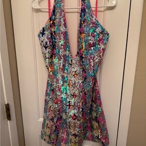 Nasty Gal Multicolor Sequin Dress with Plunging Neckline size 10 NYE ready